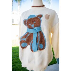 Women's Vintage Knit Sweater Brown Teddy Bear with Blue Scarf Pullover